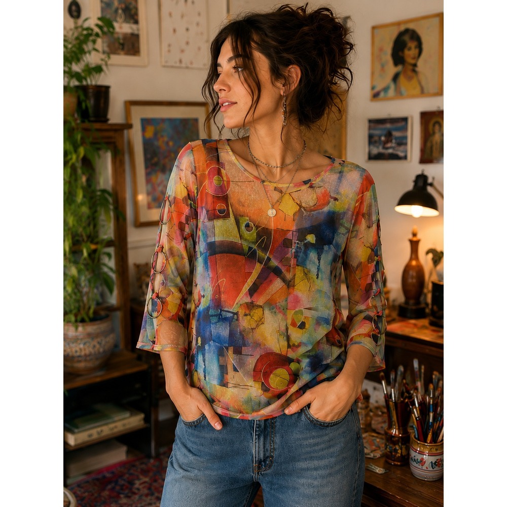 Radzoli Abstract Art To Wear Mesh Top Ring Sleeve Y2K Artsy Funky Boho Large